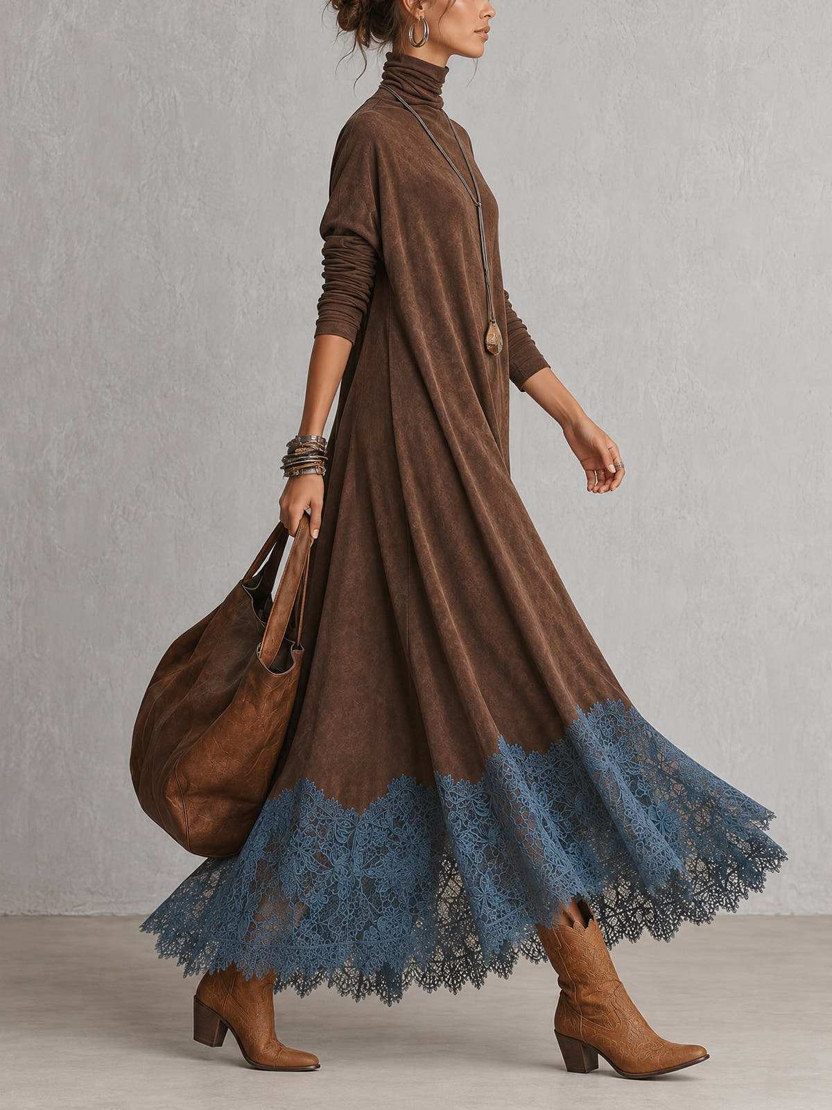Piera | Suede-Effect Maxi Dress with Lace Hem