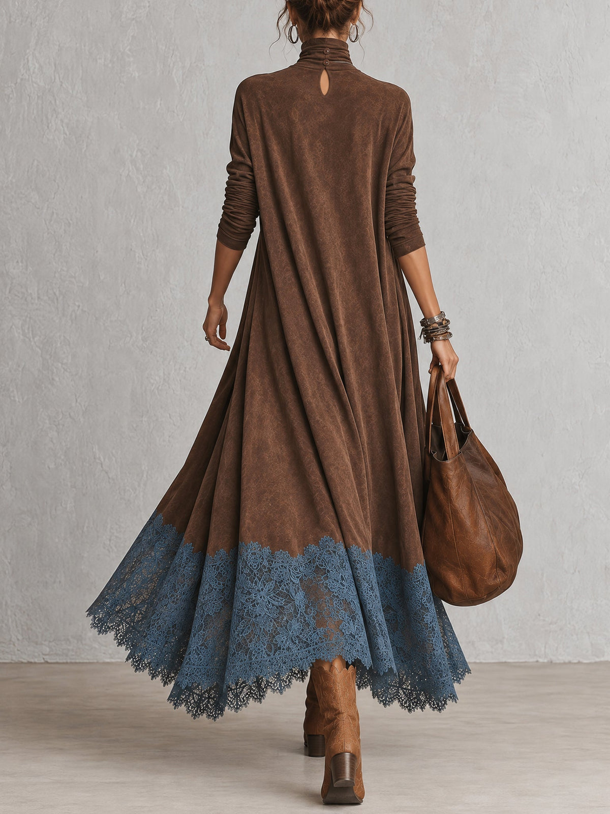 Piera | Suede-Effect Maxi Dress with Lace Hem
