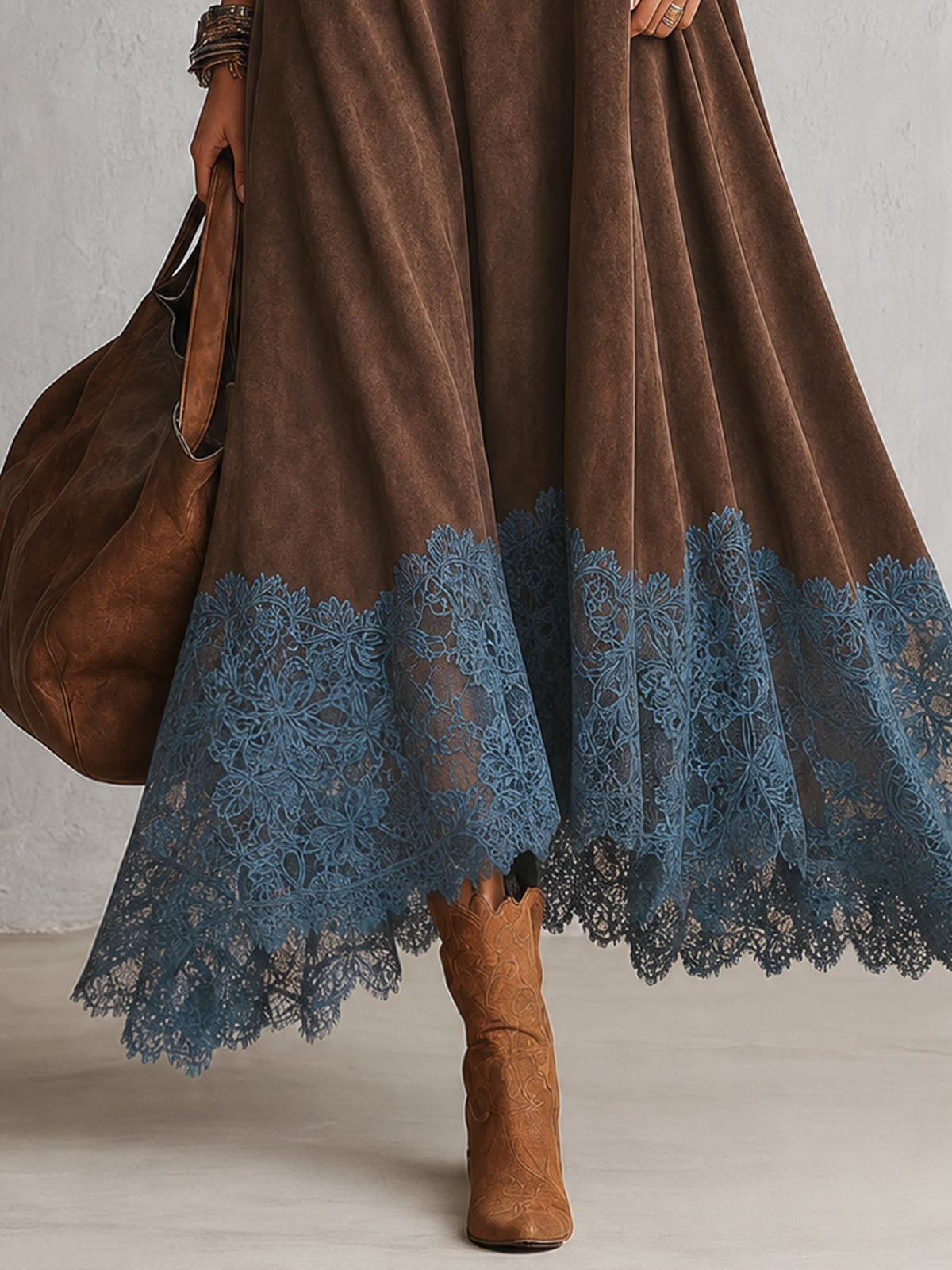 Piera | Suede-Effect Maxi Dress with Lace Hem