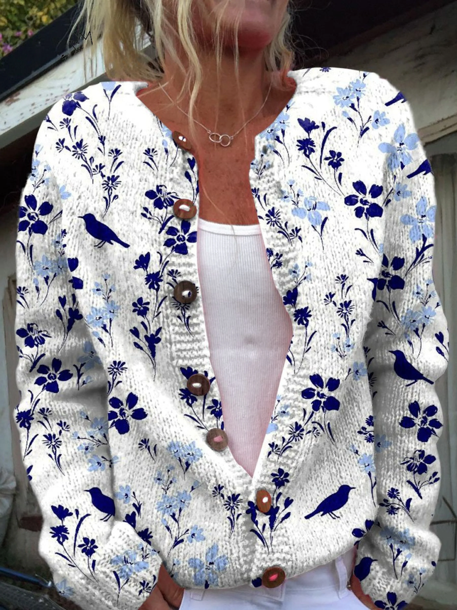 Vynora Vintage Floral Bird Print Button-Front Cardigan Sweater - Nora & Rose Maine