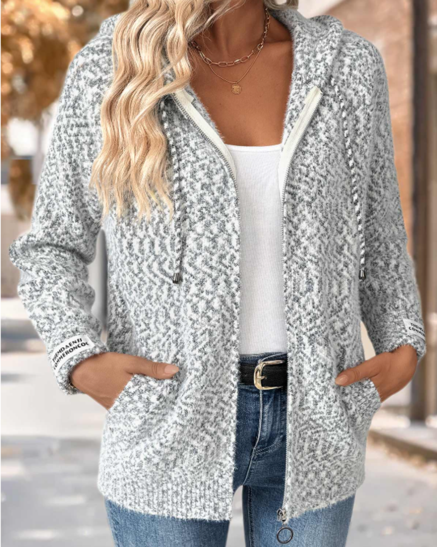 Gray Tummy Coverage Geometric Print Long Sleeve Hooded Cardigan - Nora & Rose Maine