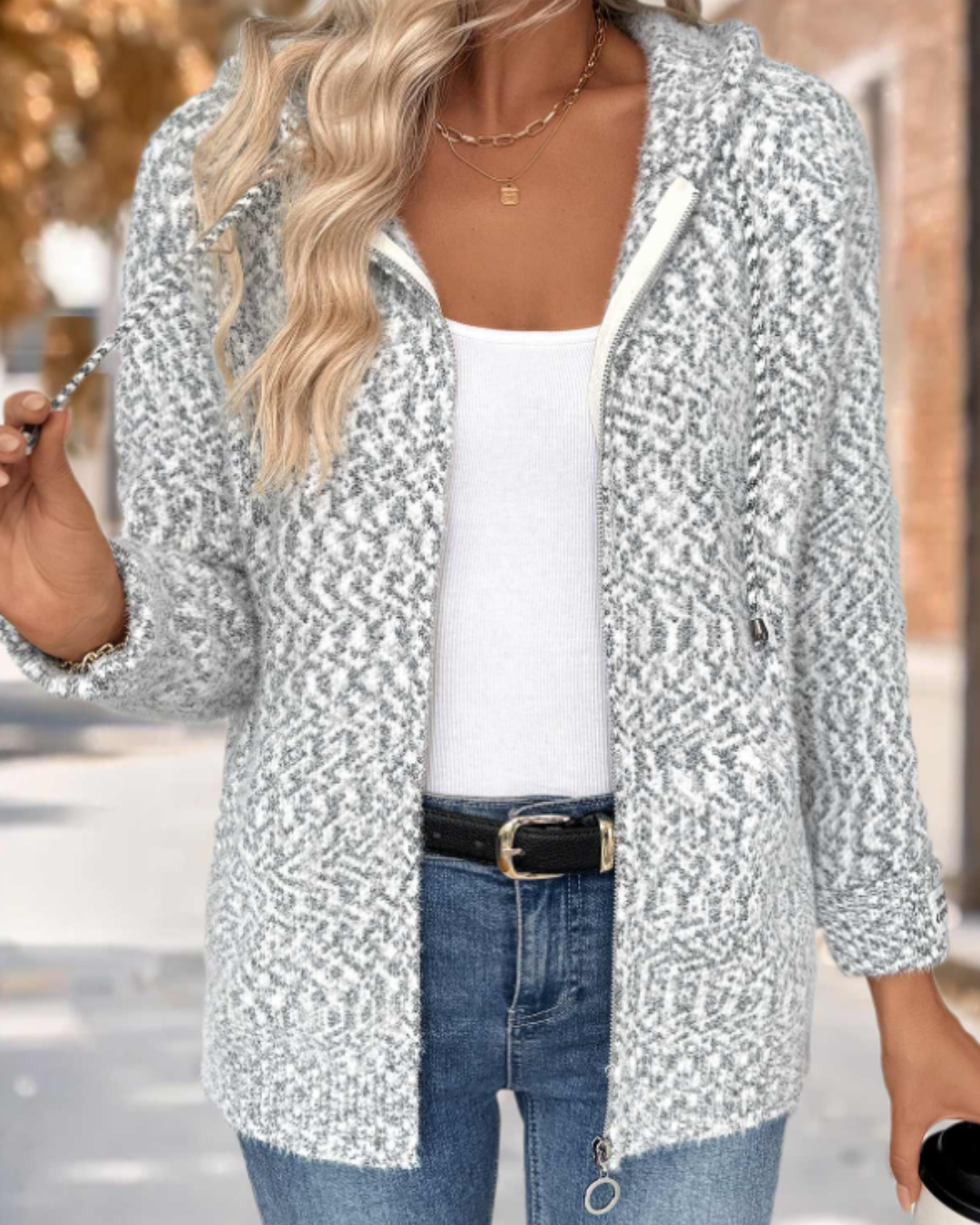 Gray Tummy Coverage Geometric Print Long Sleeve Hooded Cardigan - Nora & Rose Maine, view 4