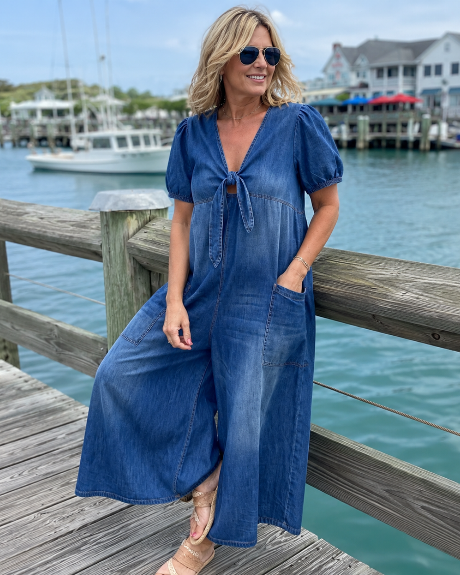 ROWANVALE TIE-FRONT DENIM JUMPSUIT - Nora & Rose Maine, view 2