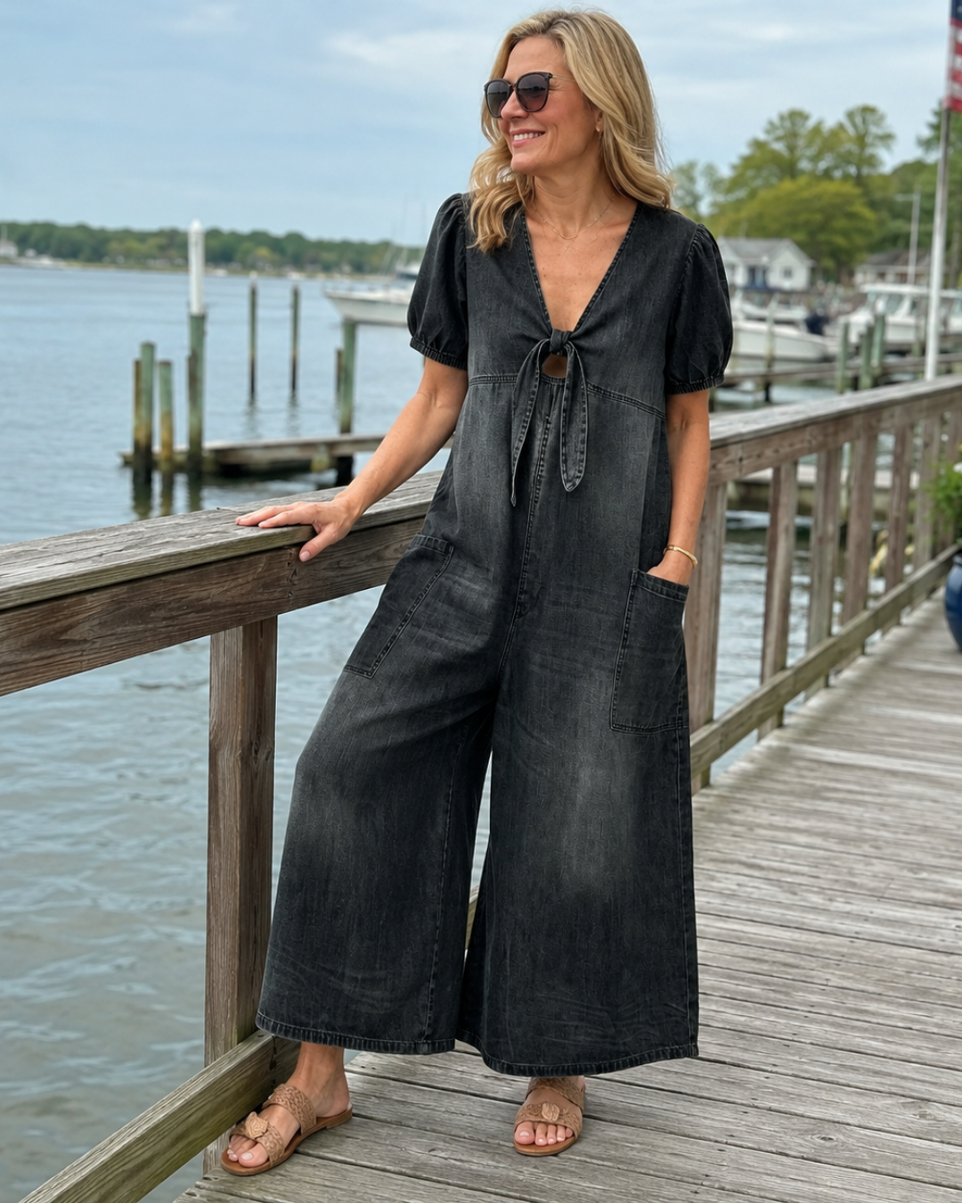 ROWANVALE TIE-FRONT DENIM JUMPSUIT - Nora & Rose Maine, view 3