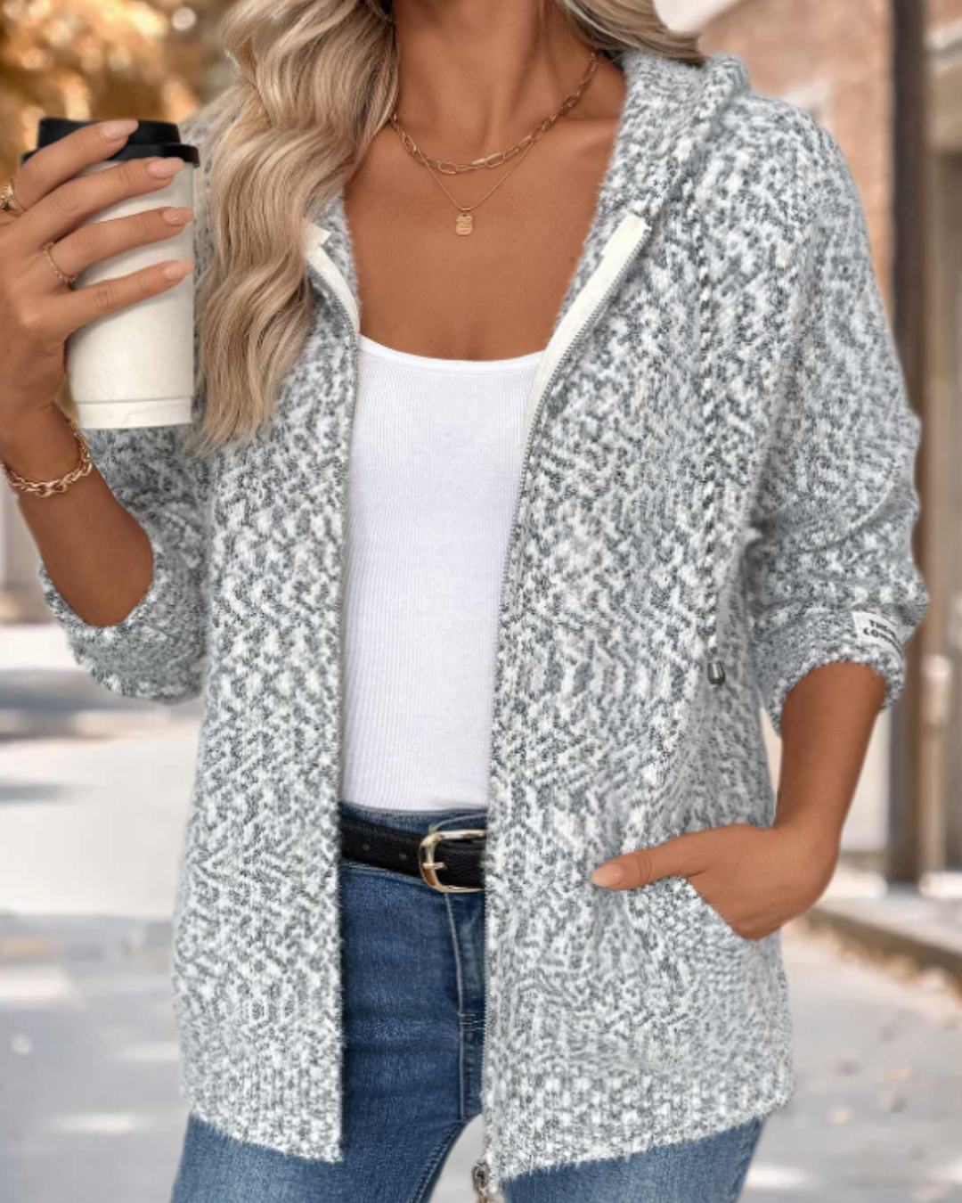 Gray Tummy Coverage Geometric Print Long Sleeve Hooded Cardigan - Nora & Rose Maine, view 5