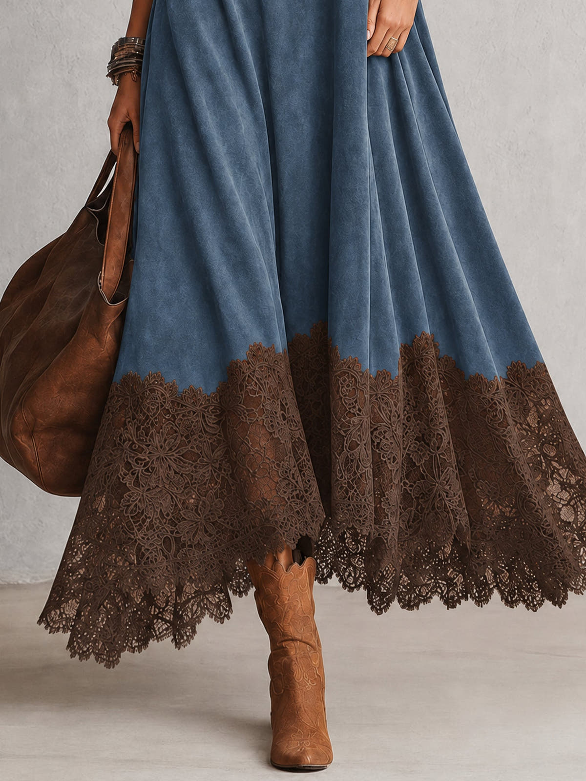 Piera | Suede-Effect Maxi Dress with Lace Hem