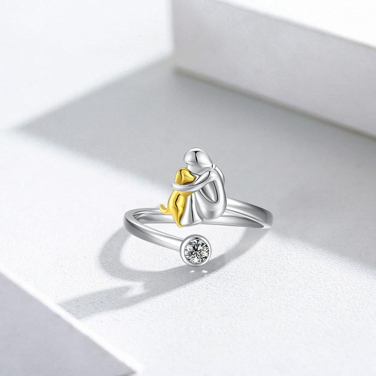 925 Sterling Silver Dog Ring wit Zirconia – Adjustable & Handmade