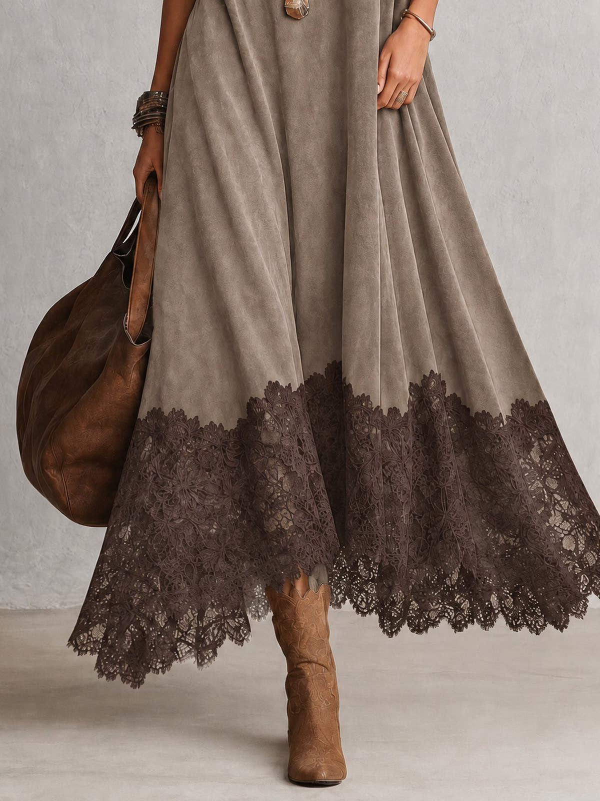 Piera | Suede-Effect Maxi Dress with Lace Hem