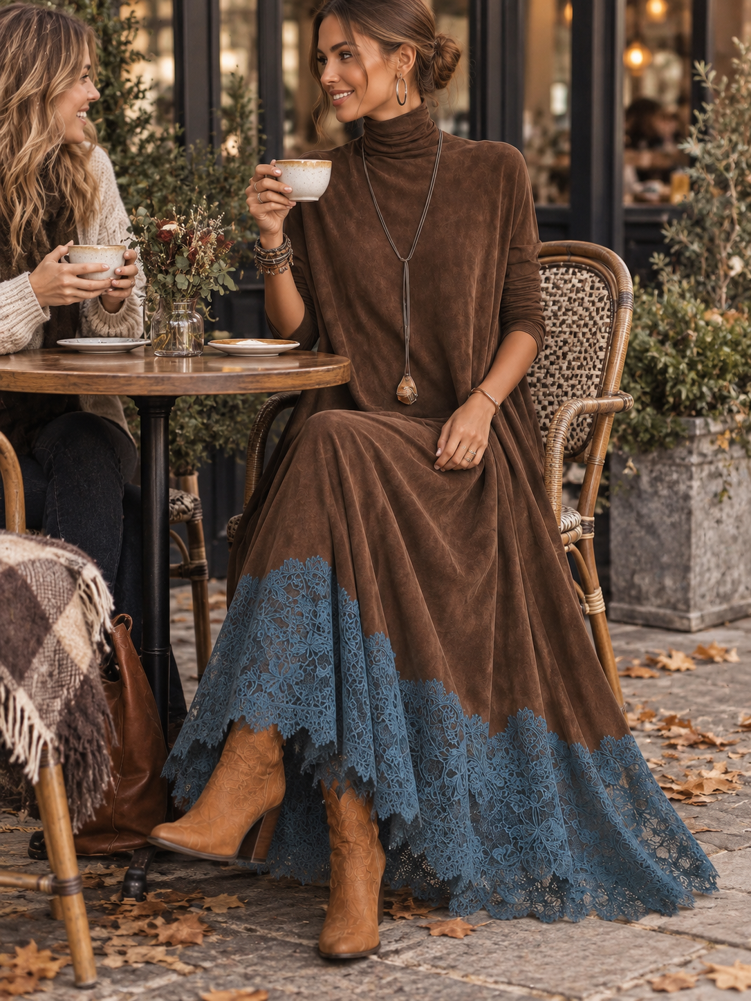 Piera | Suede-Effect Maxi Dress with Lace Hem