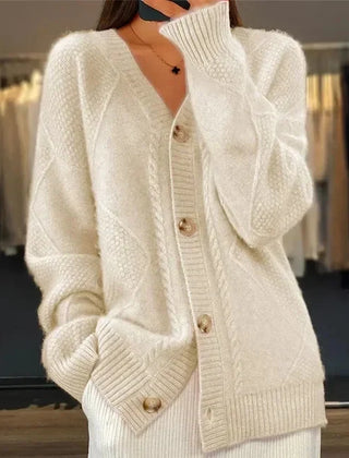 Aaliyah Button Front V-Neck Cardigan with Diamond Knit Detail, Everyday Layer - Nora & Rose Maine, view 2