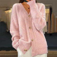 Aaliyah Button Front V-Neck Cardigan with Diamond Knit Detail, Everyday Layer - Nora & Rose Maine, view 3