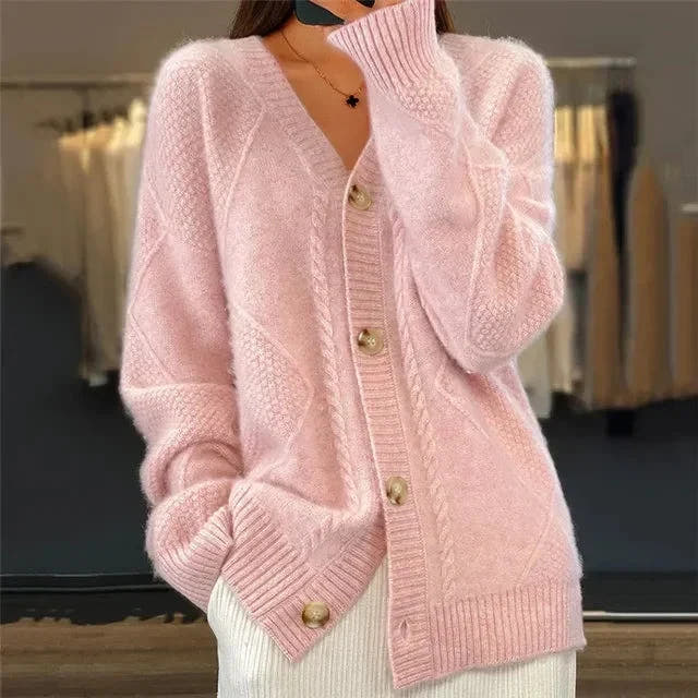 Aaliyah Button Front V-Neck Cardigan with Diamond Knit Detail, Everyday Layer - Nora & Rose Maine, view 3