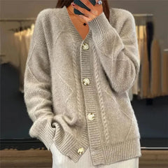 Aaliyah Button Front V-Neck Cardigan with Diamond Knit Detail, Everyday Layer - Nora & Rose Maine