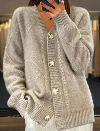 Aaliyah Button Front V-Neck Cardigan with Diamond Knit Detail, Everyday Layer - Nora & Rose Maine