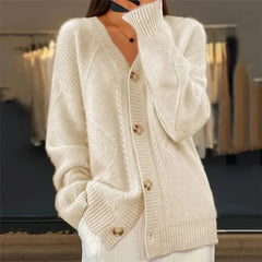 Aaliyah Button Front V-Neck Cardigan with Diamond Knit Detail, Everyday Layer - Nora & Rose Maine, view 7