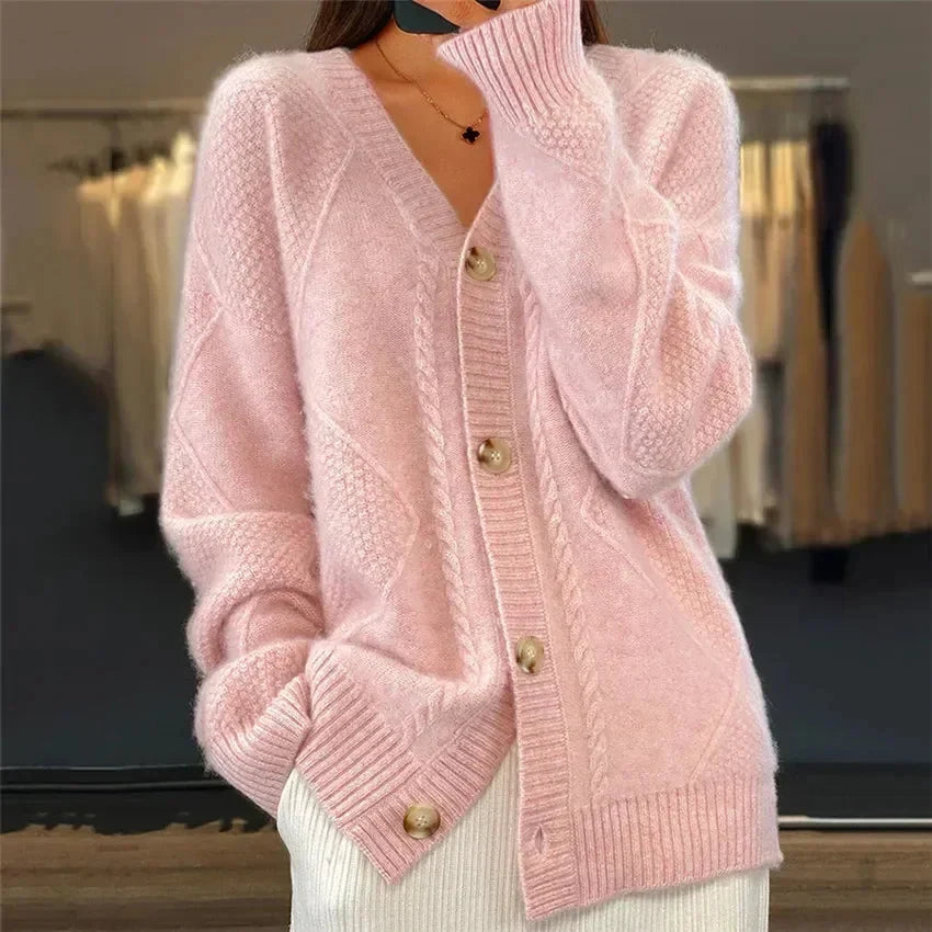 Aaliyah Button Front V-Neck Cardigan with Diamond Knit Detail, Everyday Layer - Nora & Rose Maine, view 5