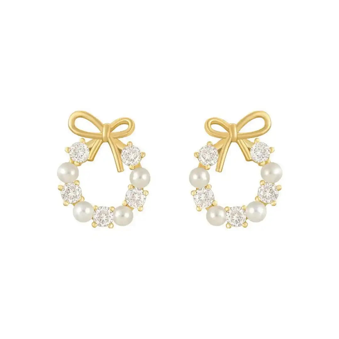 Bow Pearl Circle Stud Earrings