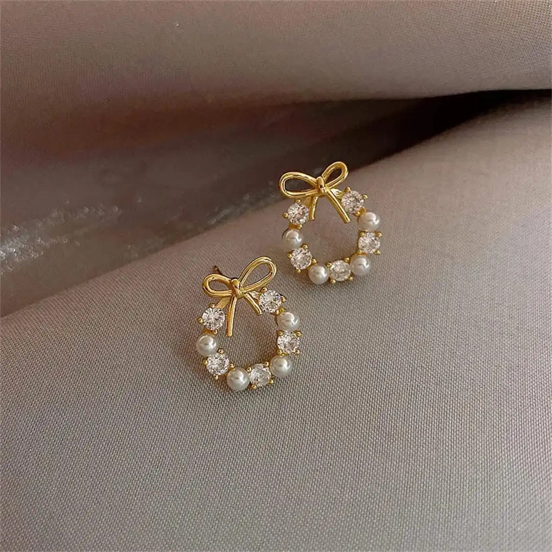 Bow Pearl Circle Stud Earrings