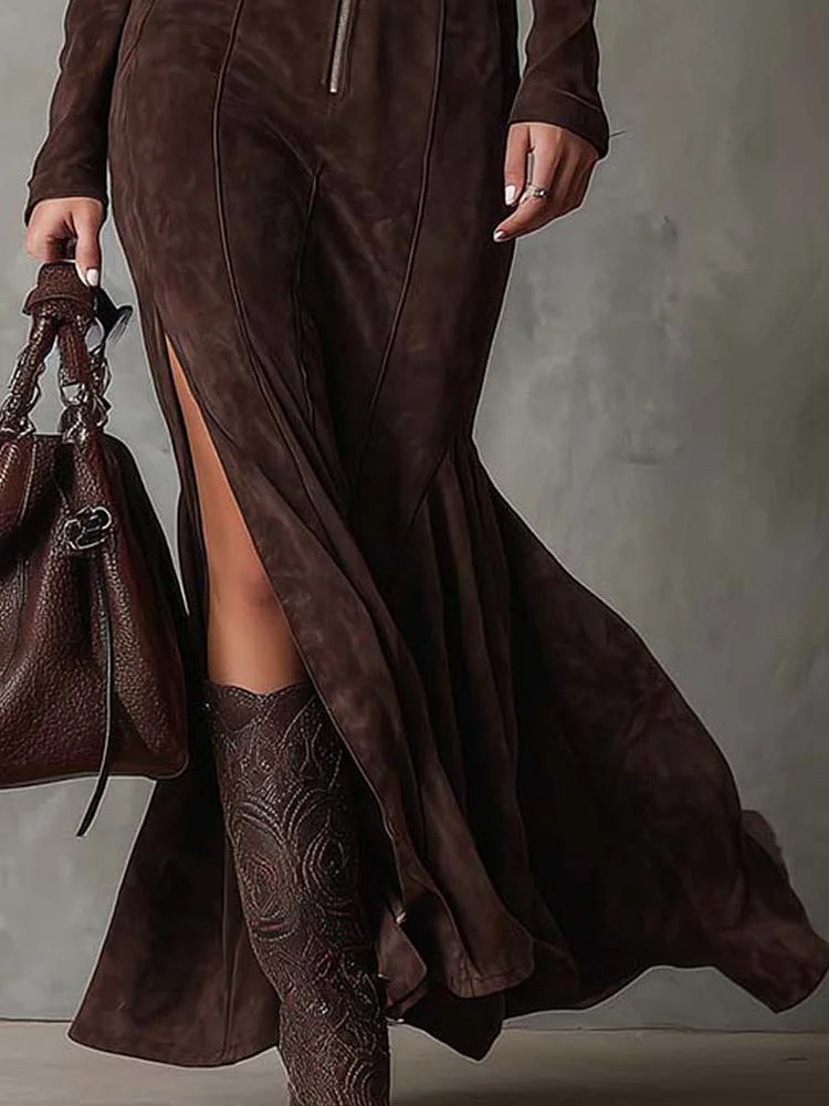 Marceline | Long Belted Suede Maxi Dress