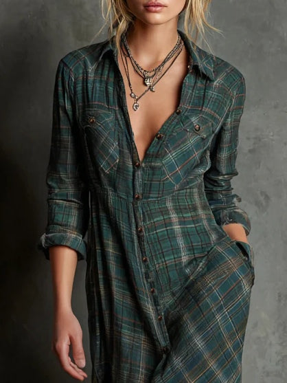 Maeve | Plaid Lapel Shirt Maxi Dress