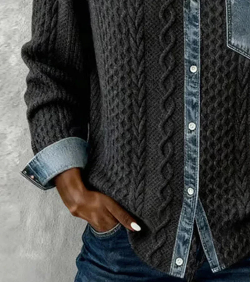 Sanne | Cable Knit Top with Denim Trim