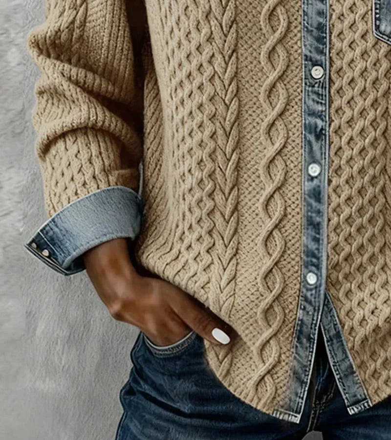 Sanne | Cable Knit Top with Denim Trim