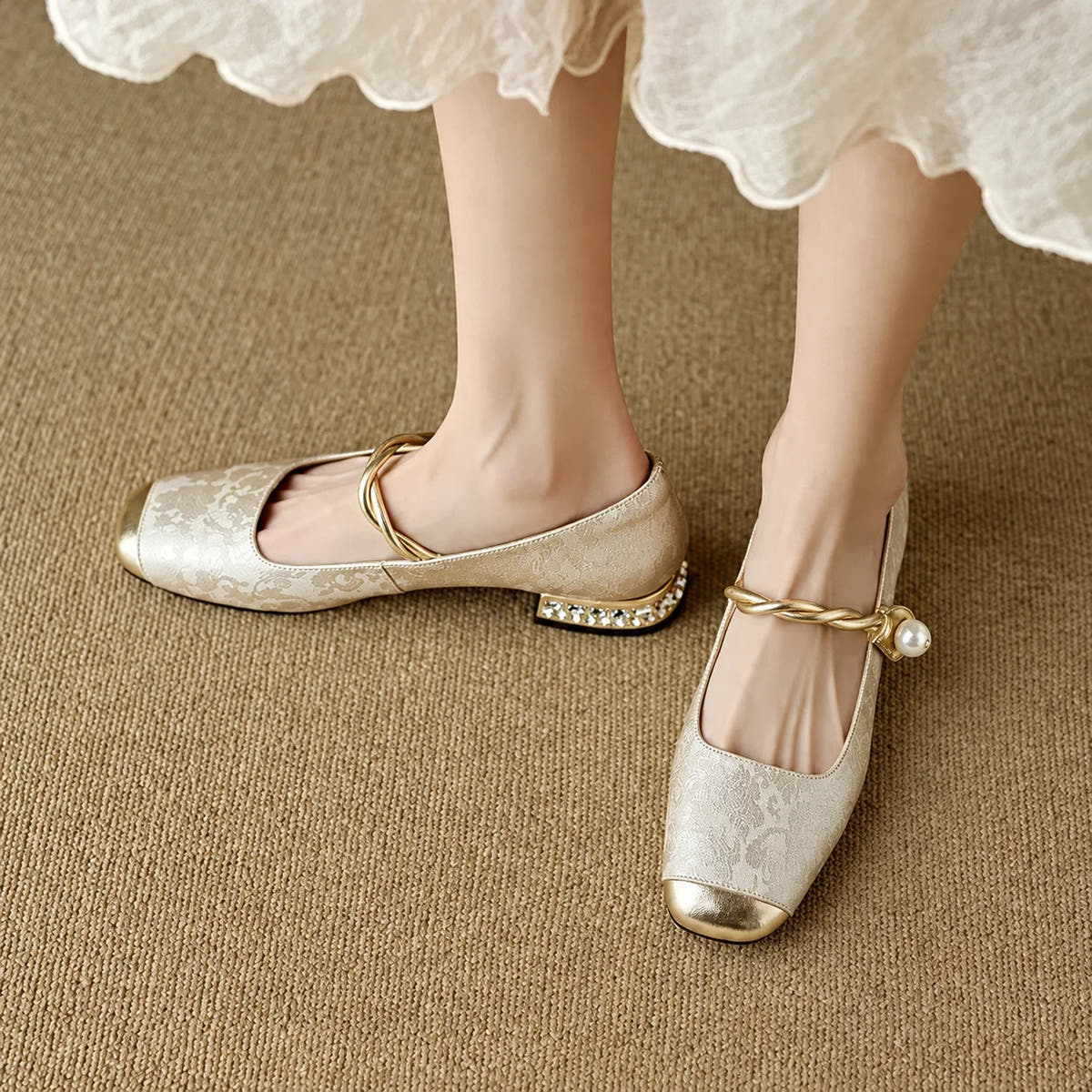Adele Vintage Braided Pearl Strap Shoes