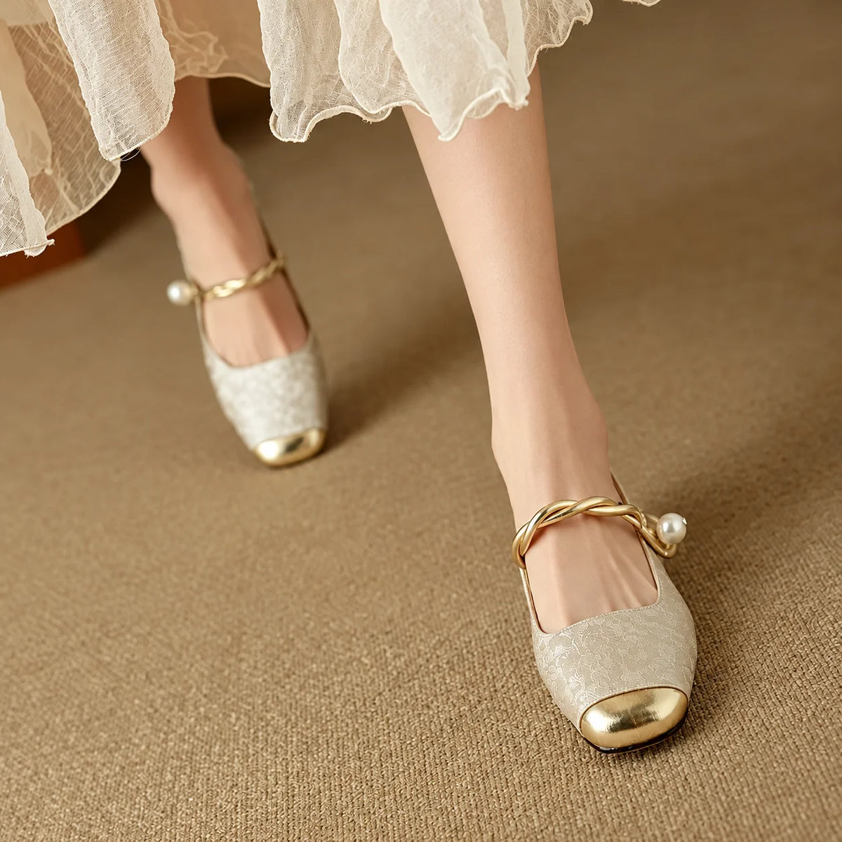 Adele Vintage Braided Pearl Strap Shoes