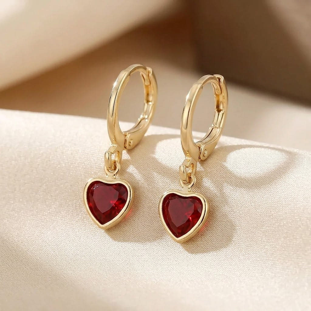 Gold Ruby Heart Drop Earrings