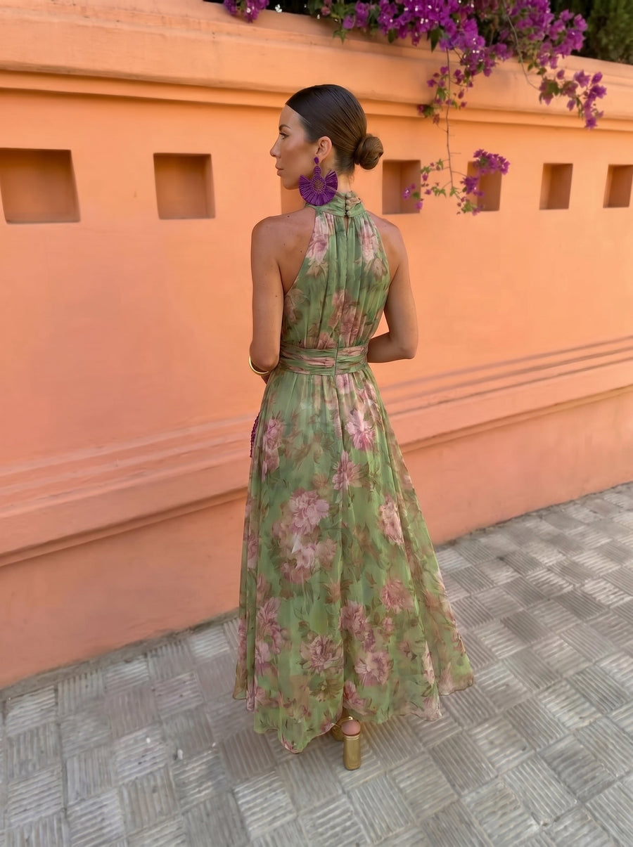 Florencia | Long Floral Dress with Low Neckline