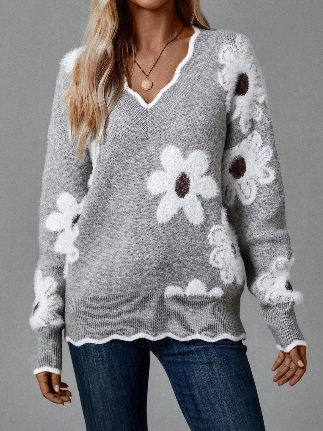 Fleur | Floral V-Neck Long Sleeve Sweater