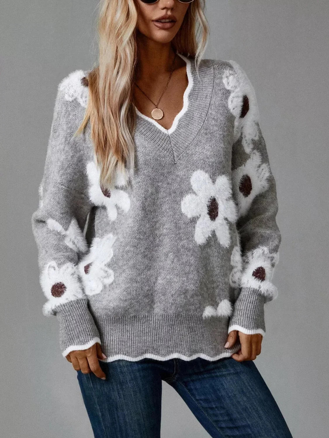 Fleur | Floral V-Neck Long Sleeve Sweater