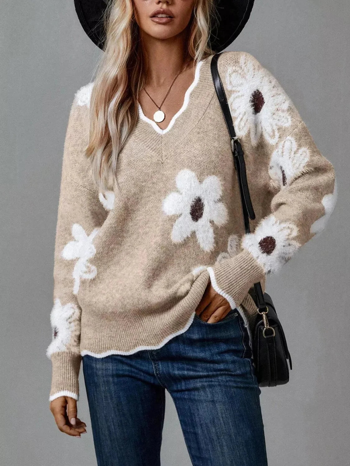 Fleur | Floral V-Neck Long Sleeve Sweater