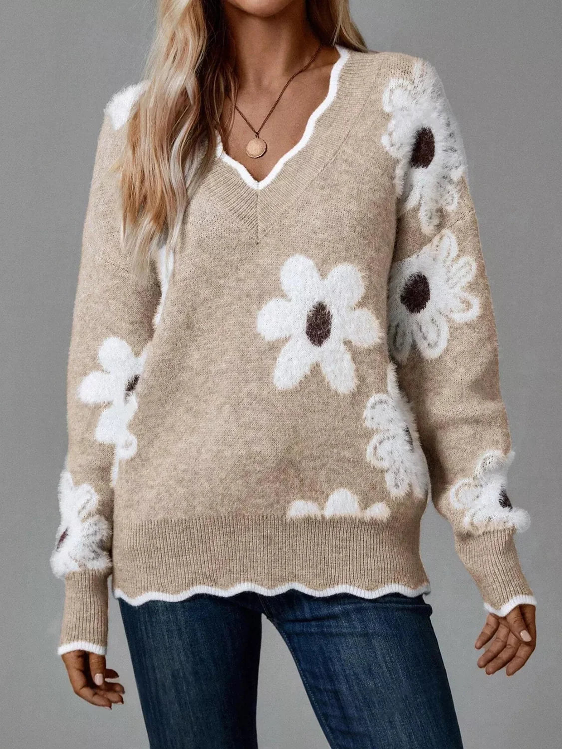 Fleur | Floral V-Neck Long Sleeve Sweater