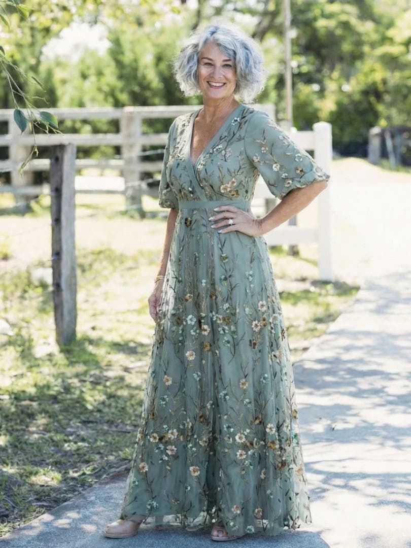 Evadne | Embroidered V Neck Maxi Dress