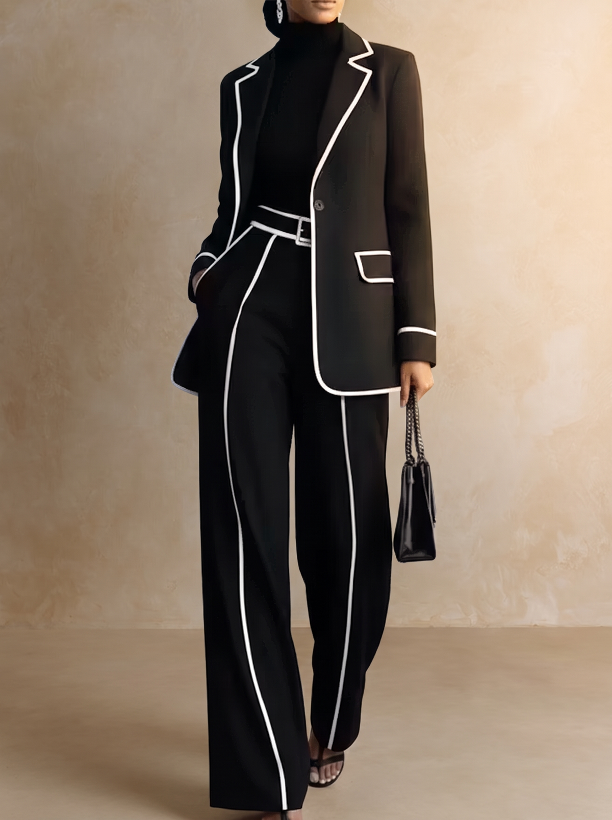Clementina | Contrast-Piped Blazer & Wide-Leg Trousers Set