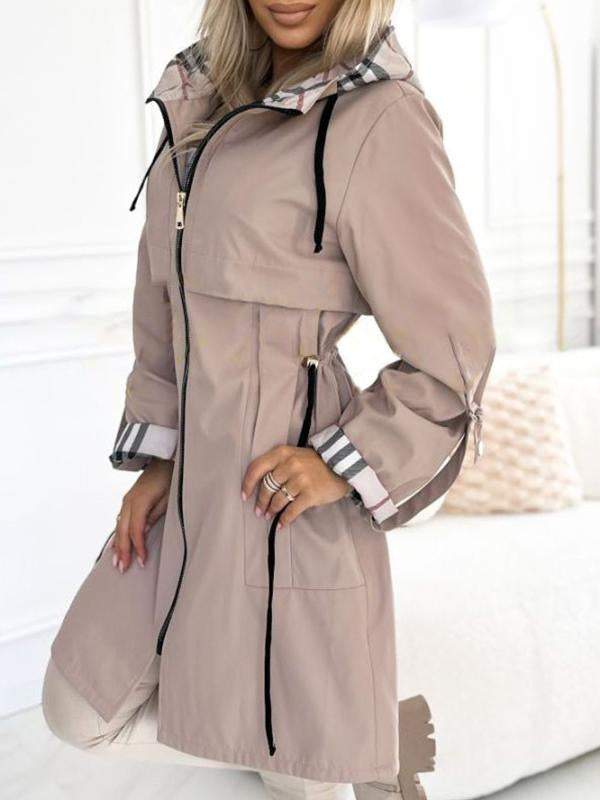 Novira | Hooded Trench Coat with Plaid Trim