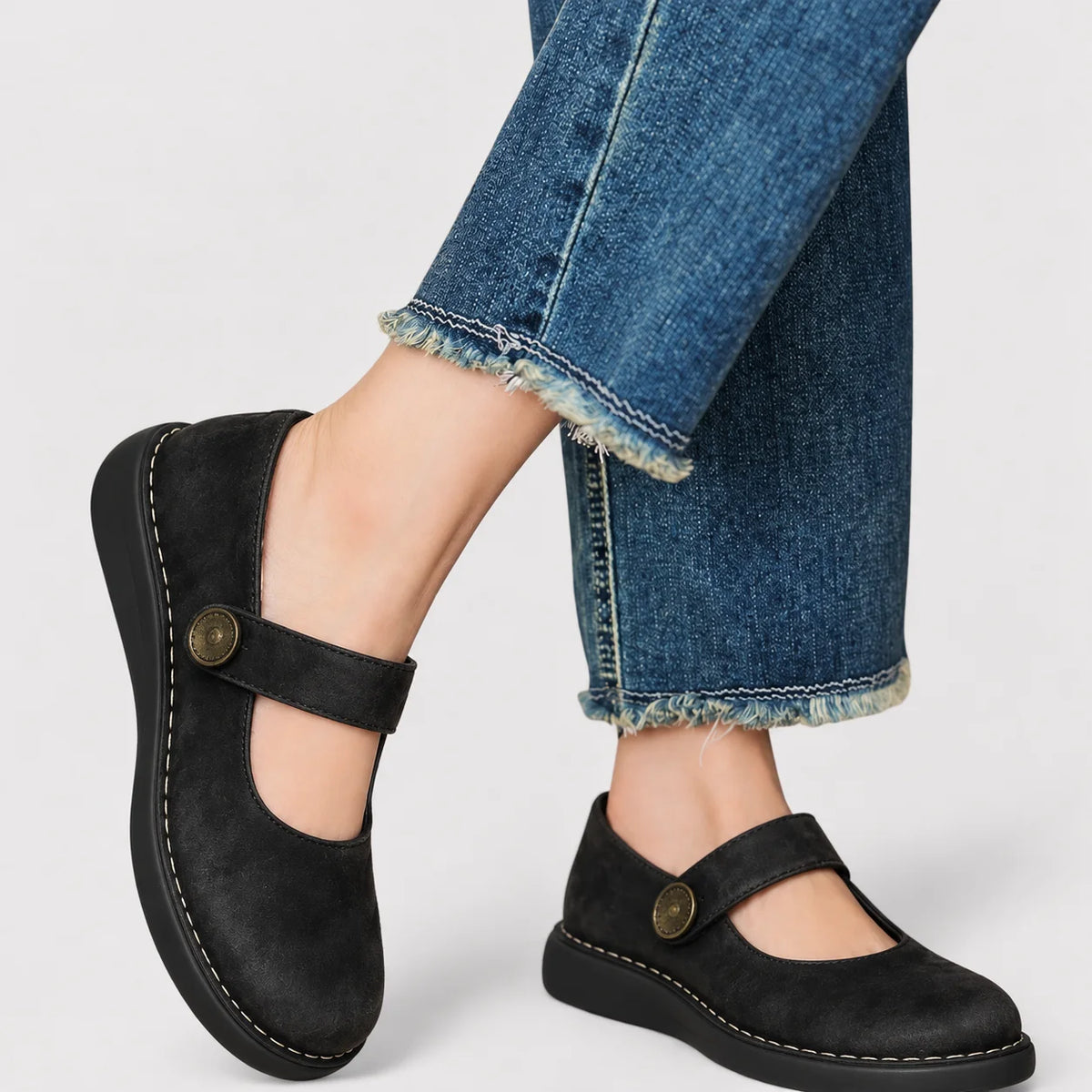 Imara Mary Jane Comfort Shoes - Black suede, worn