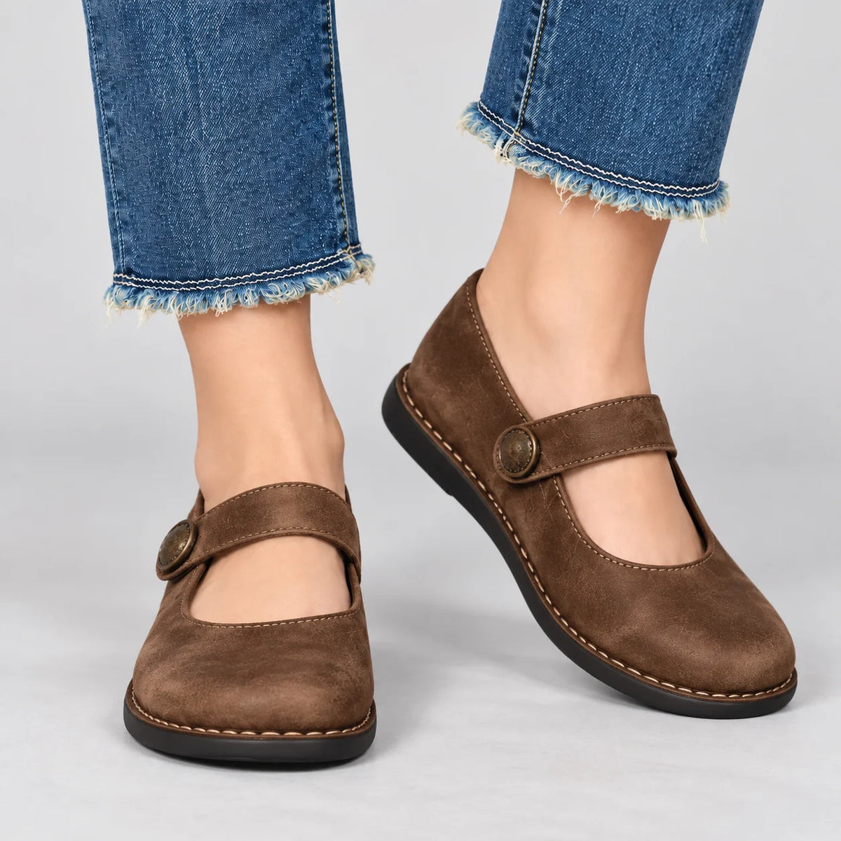 Imara Mary Jane Comfort Shoes - Brown suede, worn