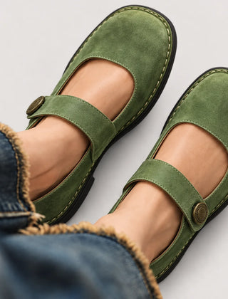 Imara Mary Jane Comfort Shoes - Green suede, worn