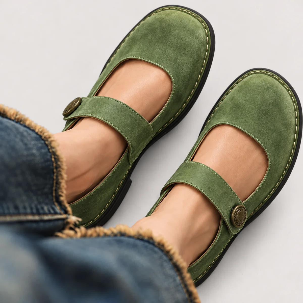 Imara Mary Jane Comfort Shoes - Green suede, worn