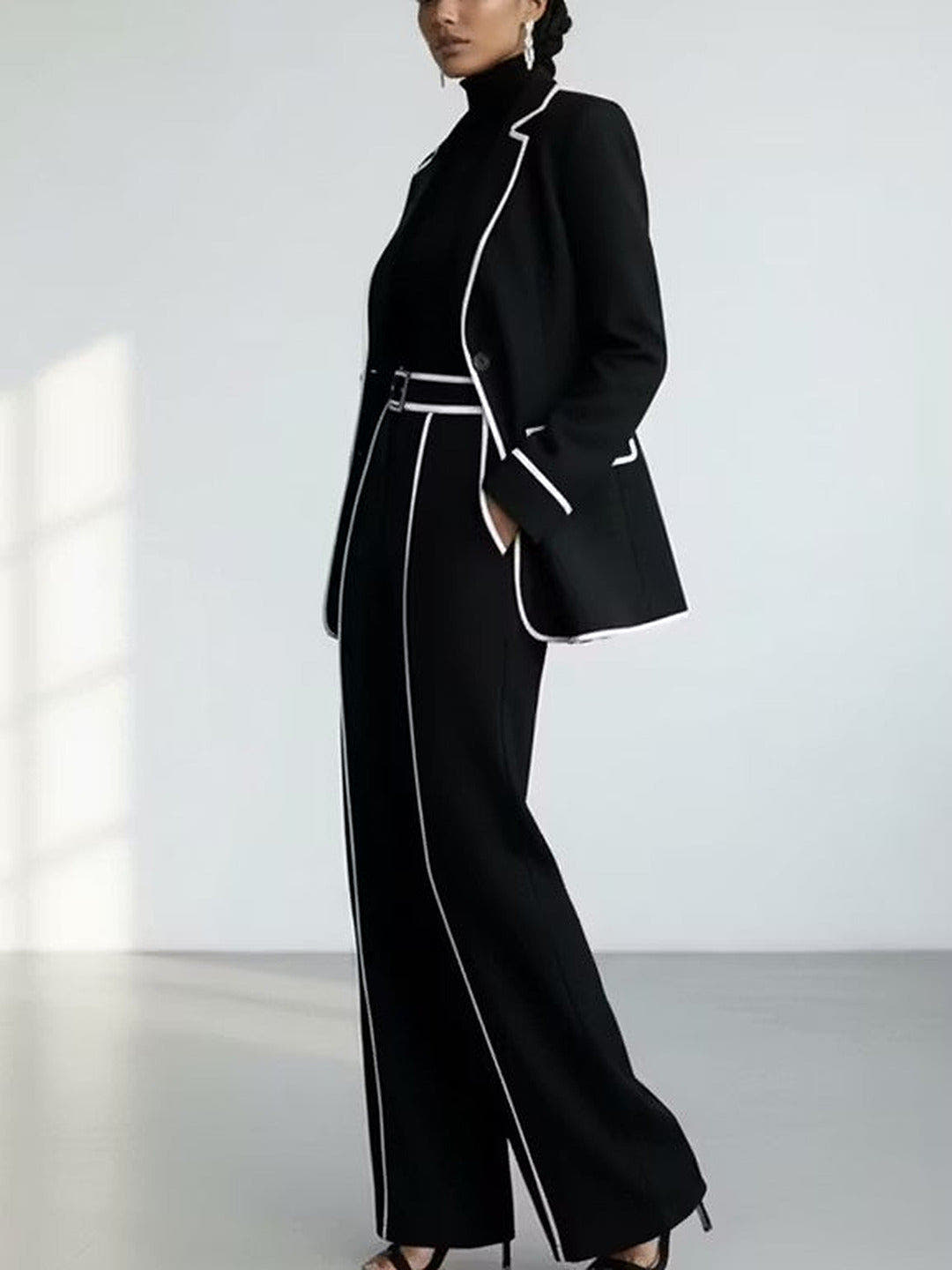 Clementina | Contrast-Piped Blazer & Wide-Leg Trousers Set