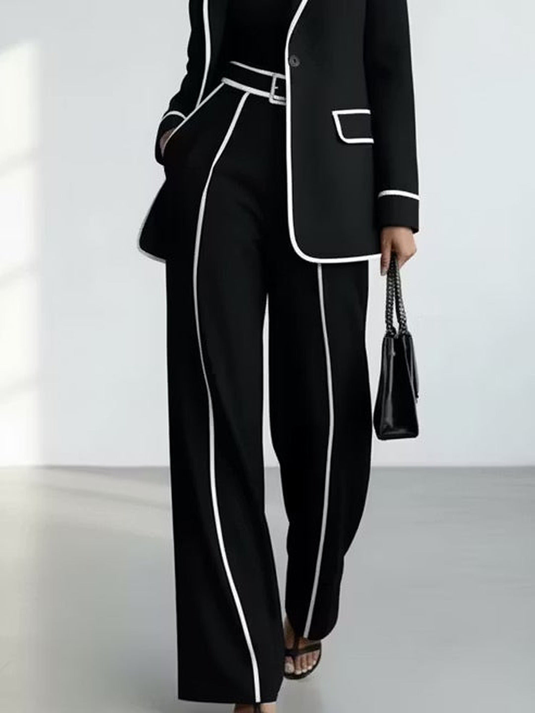 Clementina | Contrast-Piped Blazer & Wide-Leg Trousers Set