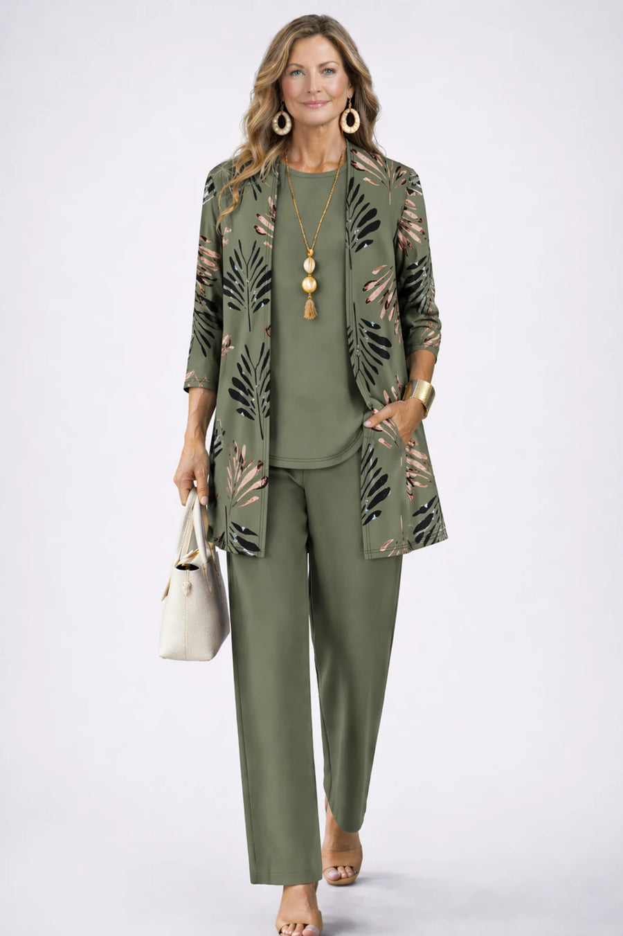 Margaret | 3-Piece Leaf Print Cardigan Set