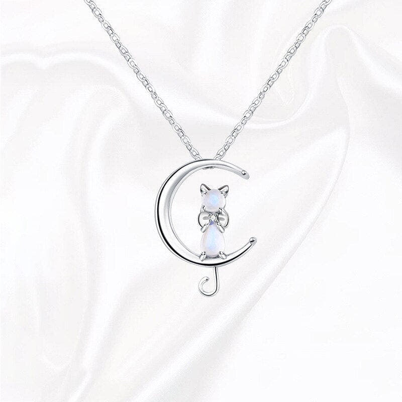 Moonstone Crescent and Cat Necklace