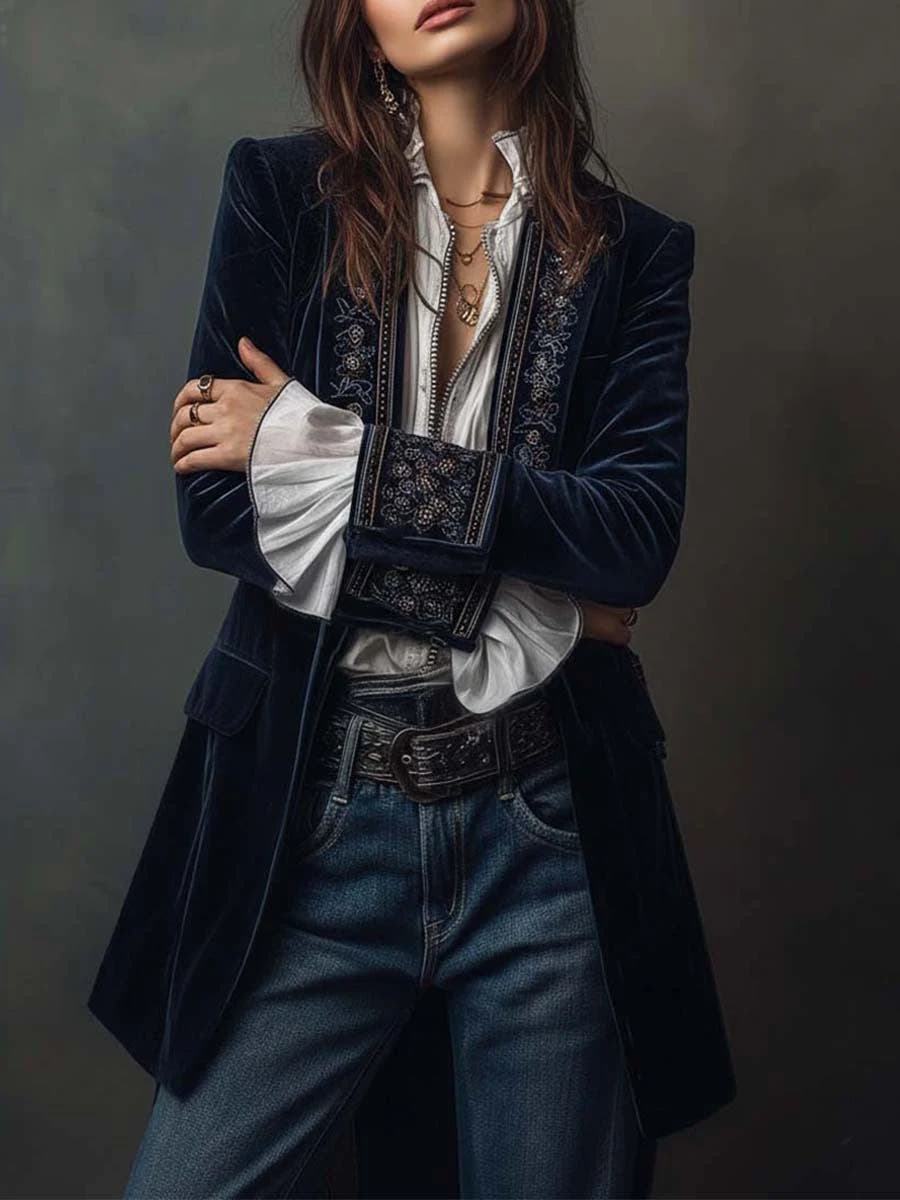 Nuria | Embroidered Velvet Long Jacket