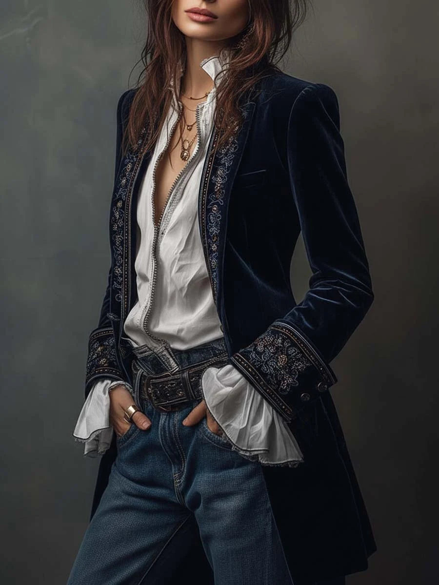 Nuria | Embroidered Velvet Long Jacket