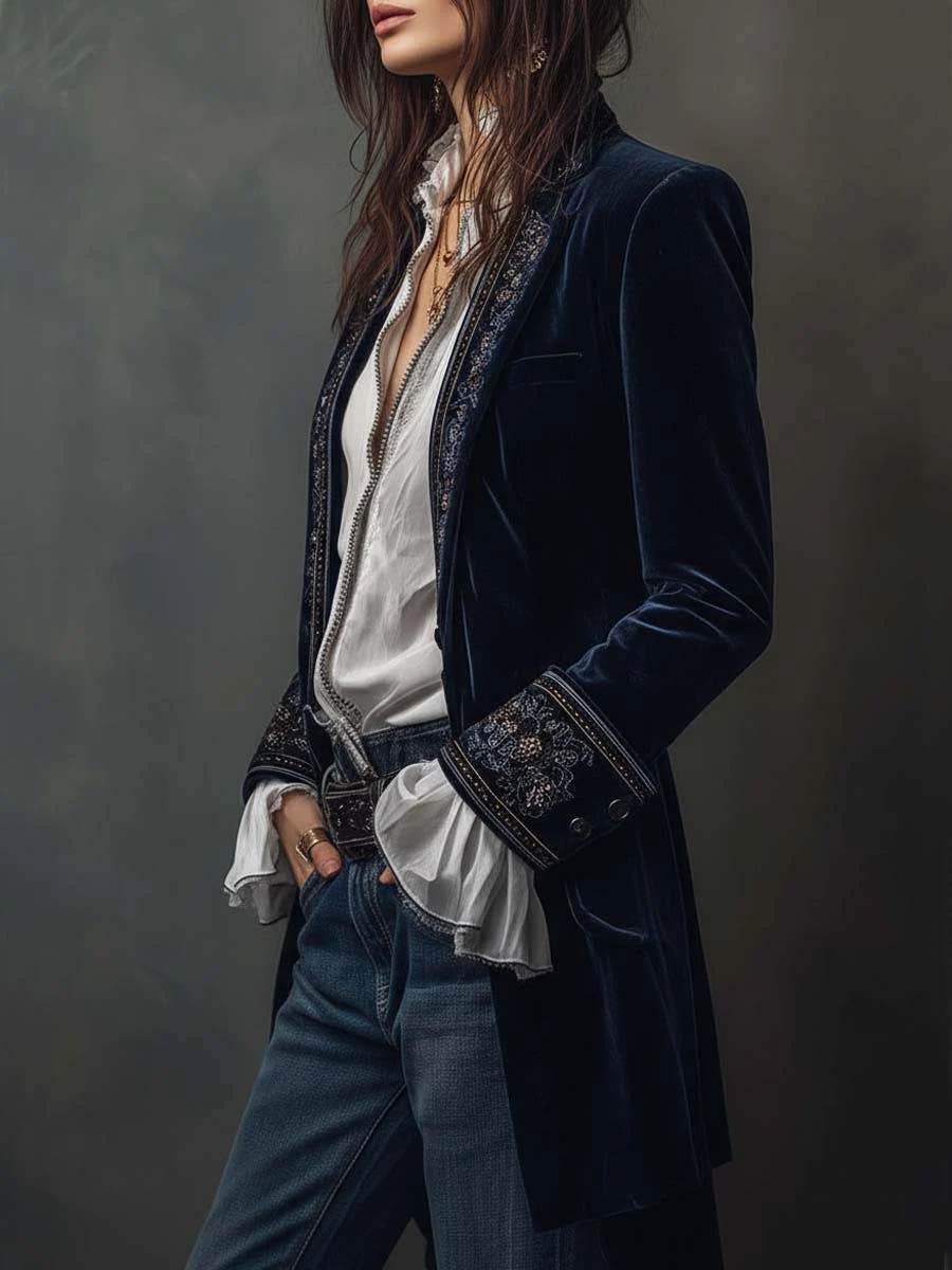 Nuria | Embroidered Velvet Long Jacket
