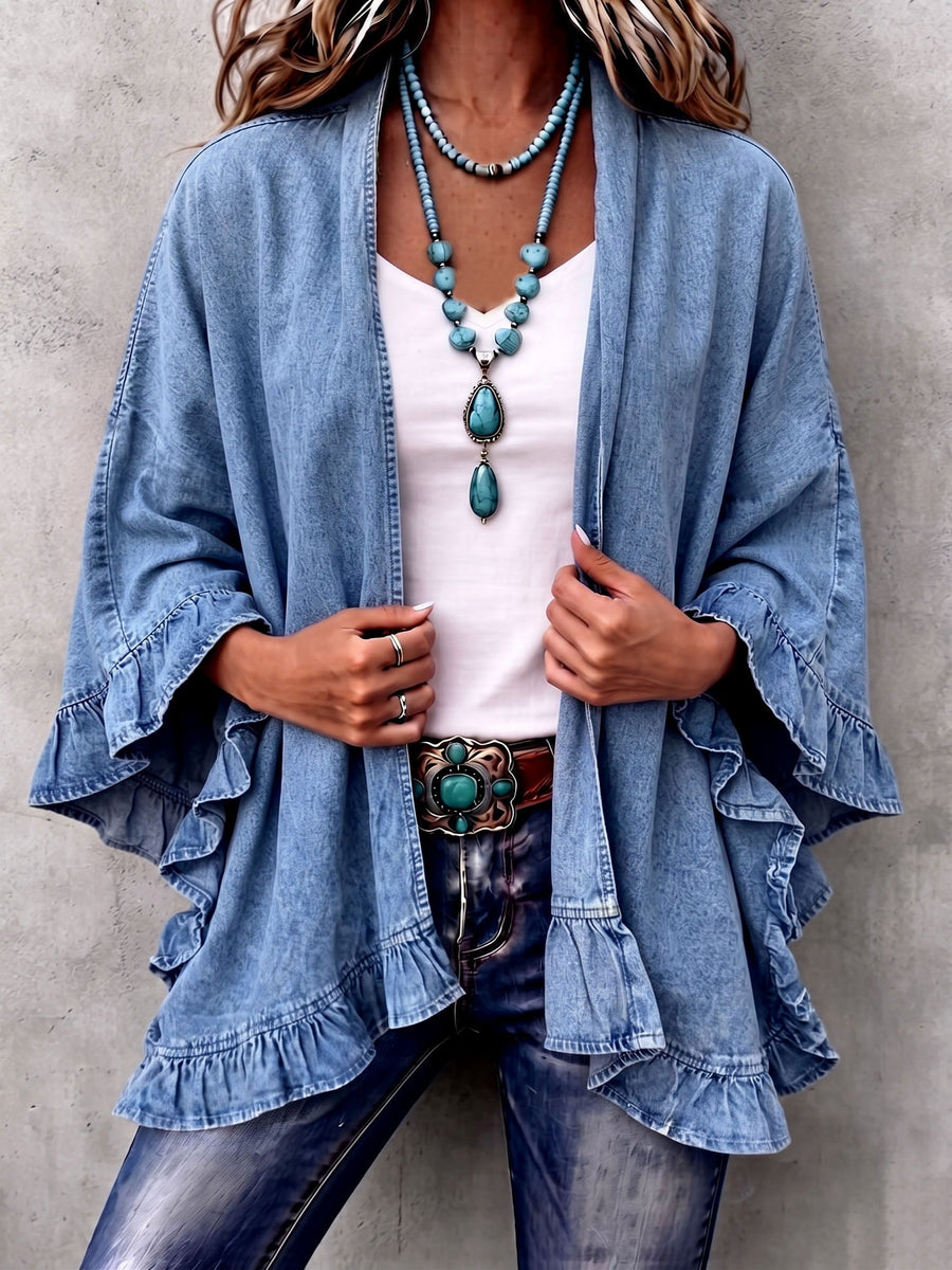 Corinne Chic Boho Denim Ruffle Trim Cardigan - Nora & Rose Maine