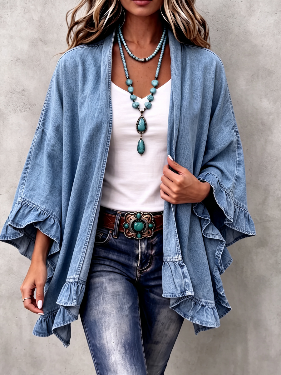 Corinne Chic Boho Denim Ruffle Trim Cardigan - Nora & Rose Maine, view 2